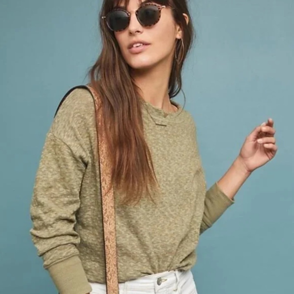 By Anthropologie Olive Green Marled Slub Knit Drop Shoulder Crewneck Sweater XS